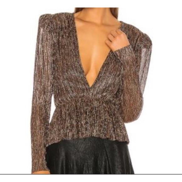 Sabina Musayev Samantha Plisse Lurex Blouse Top V Neck Metallic Bronze Size M - Picture 1 of 10